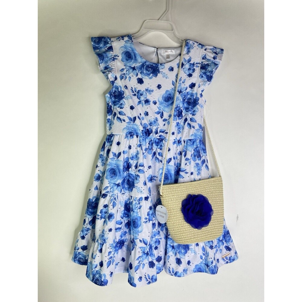 Tahari Girl Eyelet Floral Fit and Flare Dress Matching Purse Bag Girls Size 5